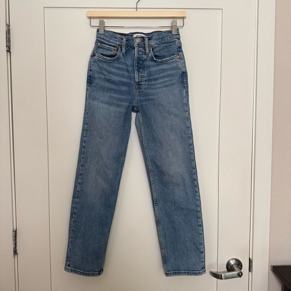 Re/Done Jeans Womens Sz 25 Blue 70s Ultra High Rise Stove Pipe Button Fly Denim